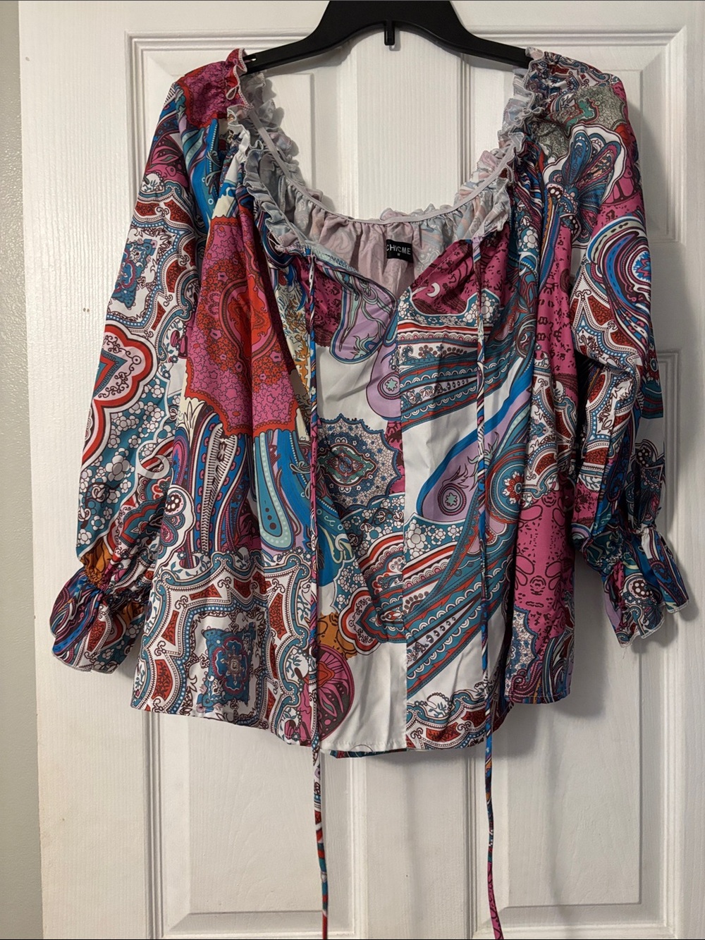 Paisley Off-Shoulder Peasant Blouse in Pink and Blue